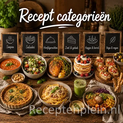Recept categorieën met diverse gerechten uit verschillende keukens op een houten tafel