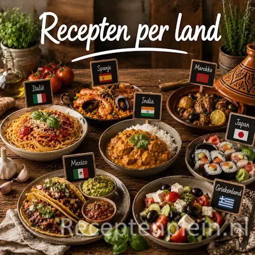 Recepten per land met internationale gerechten uit verschillende wereldkeukens op een houten tafel