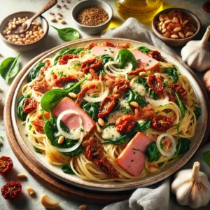 Romige Spaghetti met Spinazie en Hamblokjes