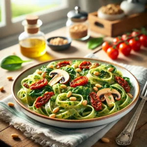 Romige Tagliatelle met Spinazie, Pijnboompitten en Tomaatjes