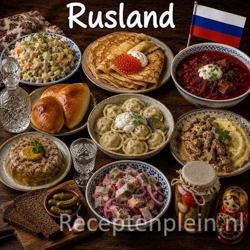 Russische keuken met borsjtsj, pelmeni, blini en traditionele Russische gerechten op een houten tafel