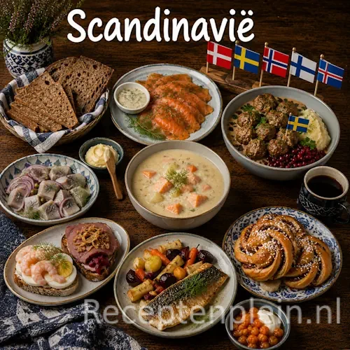 Scandinavische keuken met zalm, haring, wildgerechten en traditionele Scandinavische gerechten op een houten tafel