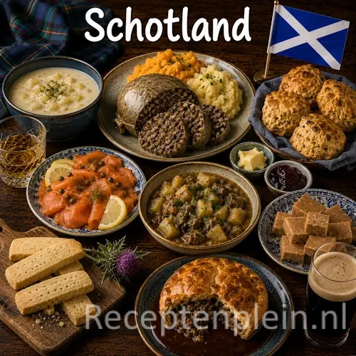 Schotse keuken met haggis, zalm, shortbread en traditionele Schotse gerechten op een houten tafel