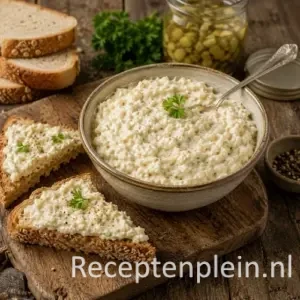 Selderijknol Sandwich Spread geserveerd op toastjes met verse kruiden als garnering