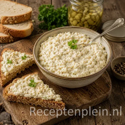 Selderijknol Sandwich Spread geserveerd op toastjes met verse kruiden als garnering