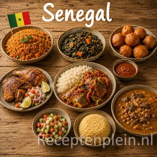 Senegalese keuken met thieboudienne, yassa, visgerechten en traditionele Senegalese gerechten op een houten tafel