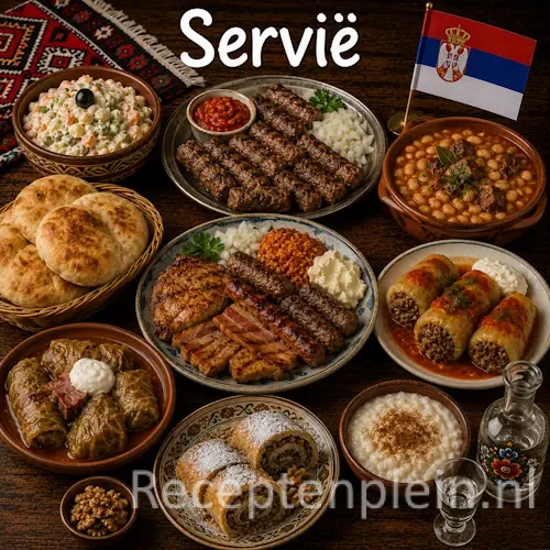 Servische keuken met ćevapi, pljeskavica, sarma en traditionele Servische gerechten op een houten tafel
