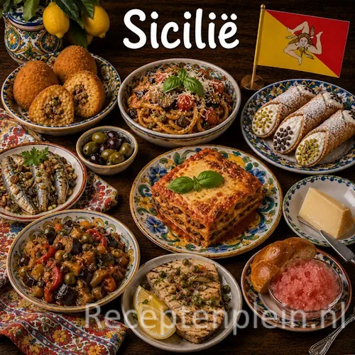 Siciliaanse keuken met arancini, pasta alla Norma, cannoli en traditionele Siciliaanse gerechten op een houten tafel