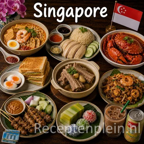 Singaporese keuken met laksa, chili crab, saté en traditionele Singaporese gerechten op een houten tafel