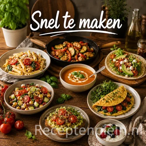 Snel te maken recepten met eenvoudige maaltijden, groenten en snelle gerechten op een houten tafel