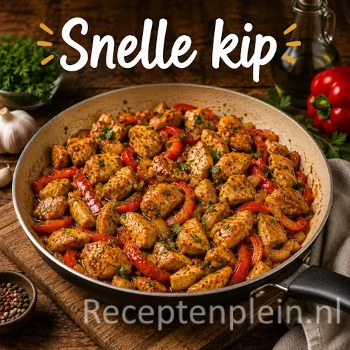 Snelle kip recepten met gebakken kip, groenten en kruiden op een rustieke houten tafel