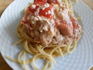 Spaghetti met tonijn, tomaat en mosterd