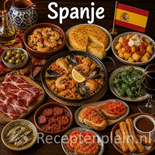 Spaanse keuken met paella, tapas, gazpacho en traditionele Spaanse gerechten op een houten tafel