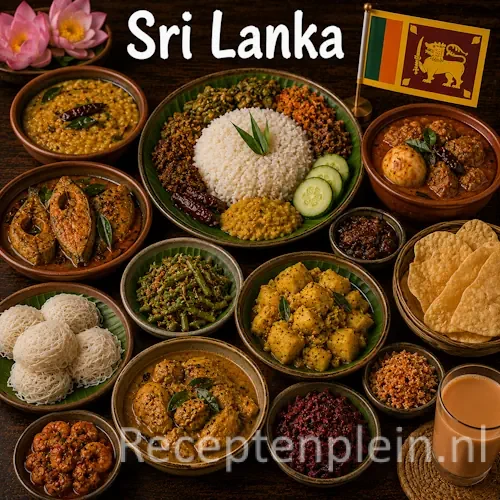 Sri Lankaanse keuken met curry's, kottu roti, hoppers en traditionele Sri Lankaanse gerechten op een houten tafel