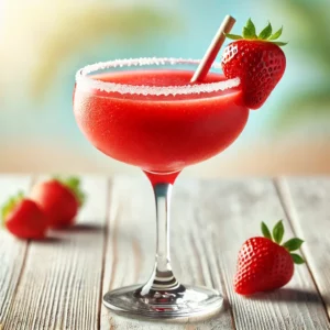 Een klassieke strawberry daiquiri cocktail in een coupe-glas, gegarneerd met een verse aardbei.