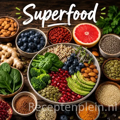 Superfood recepten met fruit, noten, zaden en gezonde ingrediënten op een rustieke houten tafel