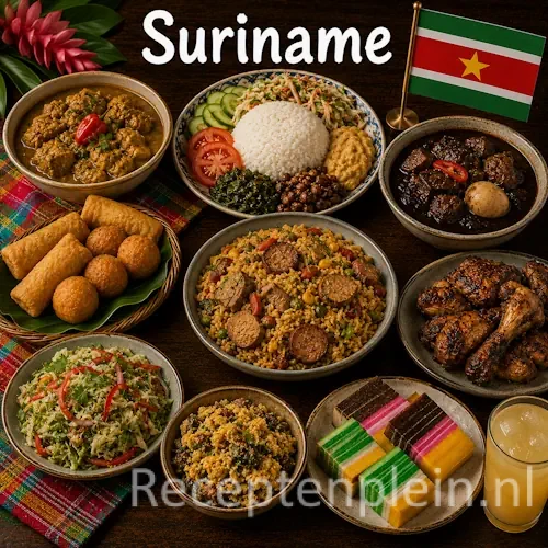 Surinaamse keuken met roti, pom, saoto soep en traditionele Surinaamse gerechten op een houten tafel