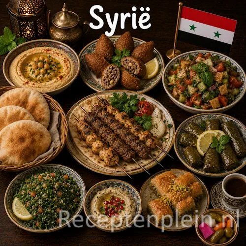 Syrische keuken met hummus, kibbeh, mezze en traditionele Syrische gerechten op een houten tafel