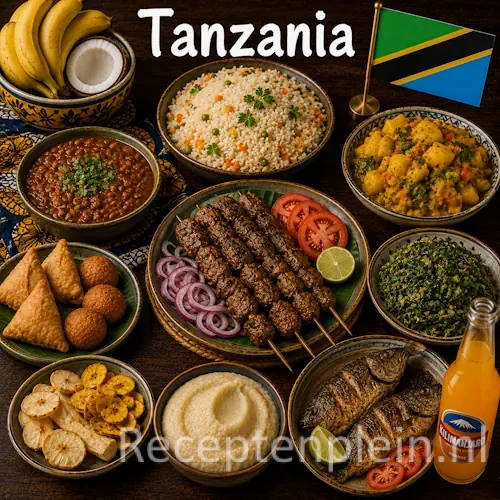 Tanzaniaanse keuken met ugali, pilau, nyama choma en traditionele Tanzaniaanse gerechten op een houten tafel