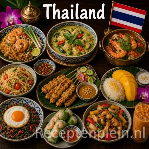 Thaise keuken met pad thai, curry's, tom yum soep en traditionele Thaise gerechten op een houten tafel