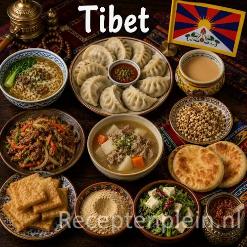 Tibetaanse keuken met momo's, thukpa, boter-thee en traditionele Tibetaanse gerechten op een houten tafel