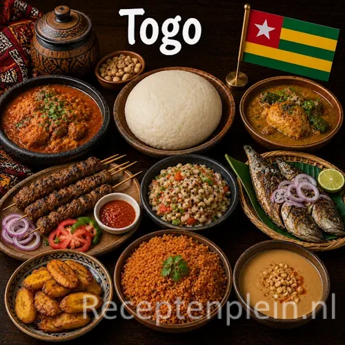 Togolese keuken met fufu, pâte, visgerechten en traditionele Togolese gerechten op een houten tafel
