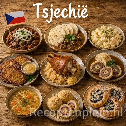 Tsjechische keuken met svíčková, goulash, knedlíky en traditionele Tsjechische gerechten op een houten tafel