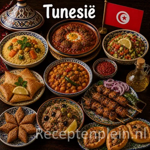 Tunesische keuken met couscous, harissa, brik en traditionele Tunesische gerechten op een houten tafel