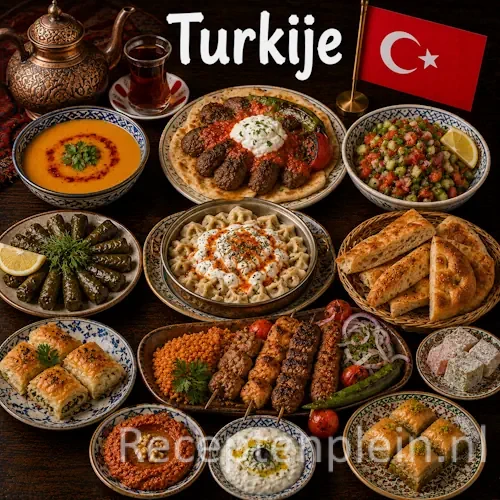 Turkse keuken met kebab, köfte, pide, mezze en traditionele Turkse gerechten op een houten tafel