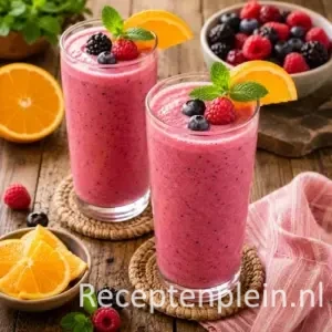 Tuttifrutti Smoothie met bosvruchten, frambozen en sinaasappel in hoge glazen