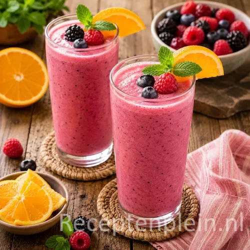 Tuttifrutti Smoothie met bosvruchten, frambozen en sinaasappel in hoge glazen