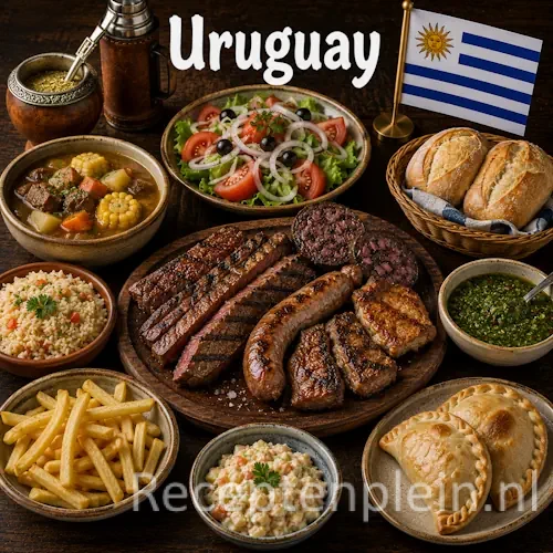 Uruguayaanse keuken met asado, chivito, empanadas en traditionele Uruguayaanse gerechten op een houten tafel