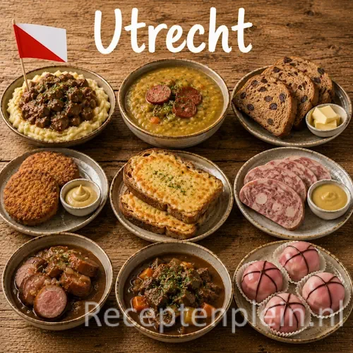 Utrechtse keuken met streekgerechten, vockingworst en traditionele Utrechtse gerechten op een houten tafel