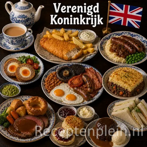 Britse keuken met fish and chips, roast dinner en traditionele Britse gerechten op een houten tafel