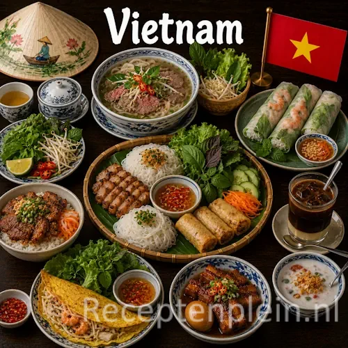 Vietnamese keuken met pho, bánh mì, loempia's en traditionele Vietnamese gerechten op een houten tafel