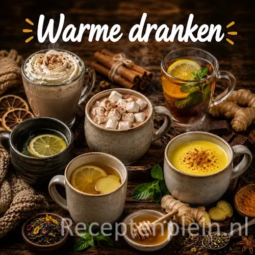 Warme dranken recepten met koffie, thee, chocolademelk en kruiden op een rustieke houten tafel