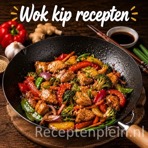 Wok kip recepten met kip, groenten, noedels en Aziatische kruiden in een wokpan