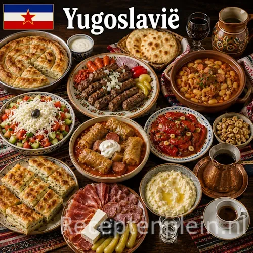 Joegoslavische keuken met ćevapi, sarma, stoofgerechten en traditionele Balkan-gerechten op een rustieke houten tafel