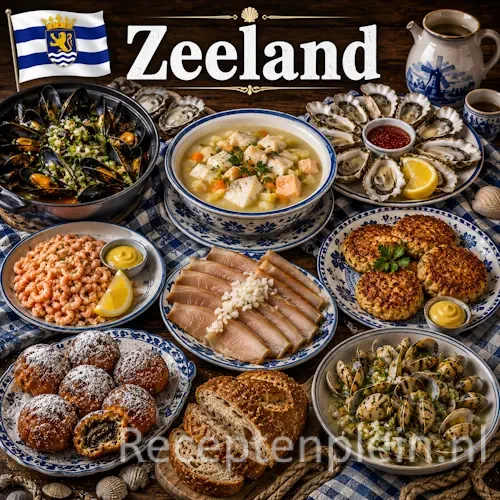Zeeuwse keuken met mosselen, oesters, bolussen en traditionele Zeeuwse gerechten op een houten tafel