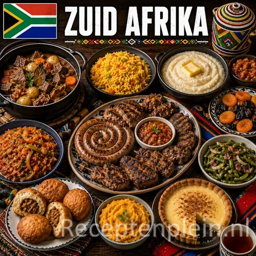 Zuid-Afrikaanse keuken met braai, bobotie, boerewors en traditionele Zuid-Afrikaanse gerechten op een houten tafel