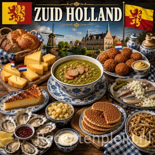 Zuid-Hollandse keuken met haring, kibbeling, streekgerechten en traditionele Zuid-Hollandse gerechten op een houten tafel