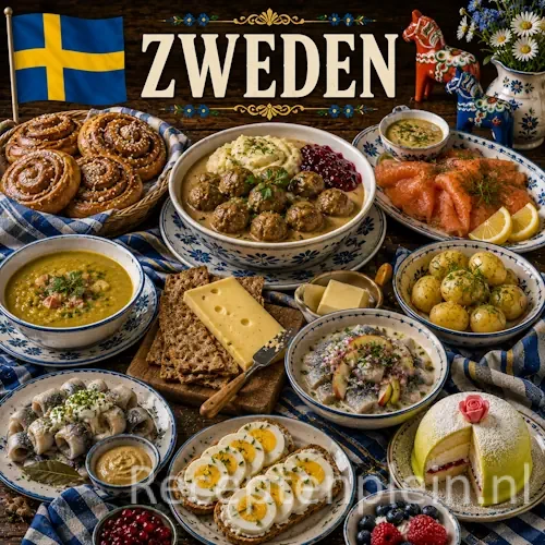 Zweedse keuken met köttbullar, gravad lax en traditionele Zweedse gerechten op een houten tafel