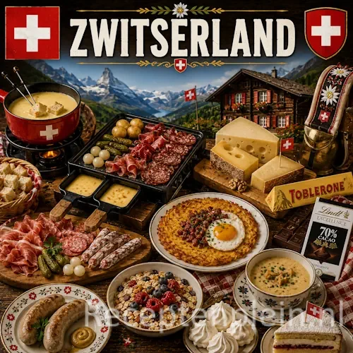 Zwitserse keuken met fondue, raclette, rösti en traditionele Zwitserse gerechten op een houten tafel