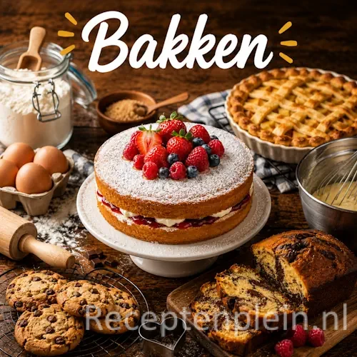 Verschillende zelfgebakken lekkernijen zoals taart, koekjes en cake op een rustieke houten tafel.
