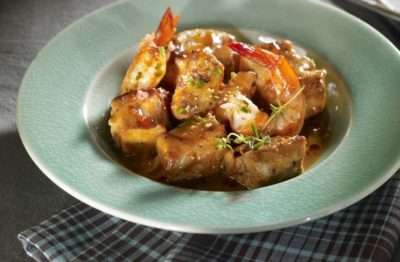 Surf en Turf met kalfsvlees en gamba’s