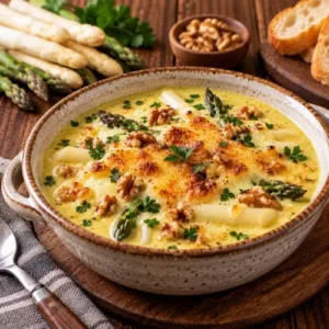 Romige gele aspergesoep met stukjes witte en groene asperge, een goudbruin gegratineerd laagje, kerrieroom, walnoten en verse peterselie, geserveerd in een rustieke soepkom op een donkerbruine houten tafel.