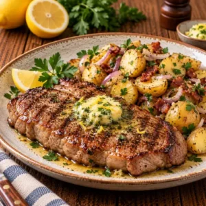 Gegrilde kalfsentrecote met smeltende citroen-kruidenboter en warme krieltjessalade met rode ui, krokante spekjes en verse peterselie, geserveerd op een rustiek bord op een donkerbruine houten tafel.