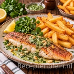 Gegrilde roodbaarsfilet met een goudbruin korstje, romige groene waterkerspesto en dikke, knapperige Vlaamse frieten, geserveerd op een rustiek bord op een donkerbruine houten tafel.