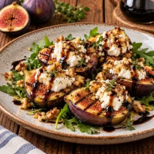 Gegrilde verse vijgen met licht gekaramelliseerde snijvlakken, romige geitenkaas, geroosterde walnoten en balsamicoglazuur, geserveerd op een bedje van rucola op een rustieke houten tafel.