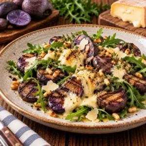 Gegrilde paarse Vitelotte-aardappels met gesmolten romige Taleggio, verse rucola, geroosterde pijnboompitten en tijm, geserveerd op een rustiek bord op een donkerbruine houten tafel.